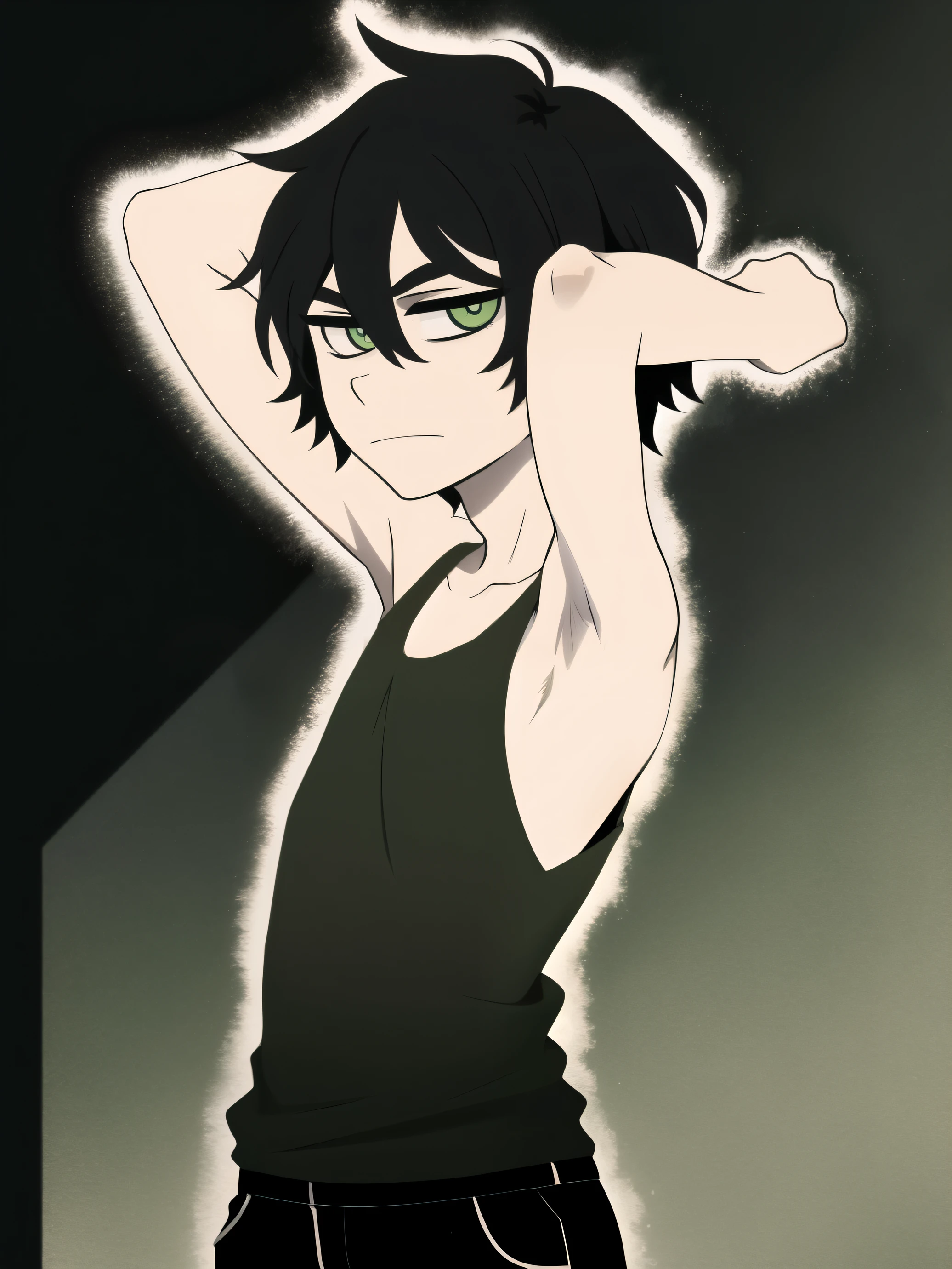 monochrome,tcoaal, solo, looking at viewer, short hair, 1boy, hair between eyes, closed mouth,black hair, Little andy, green eyes, Body, ahoge, Tank top, Slim body, (Showing armpit:1.3), male focus, black background, messy hair, bright pupils, outline, white pupils,  white outline, (Very young boy), (Very small and short body)