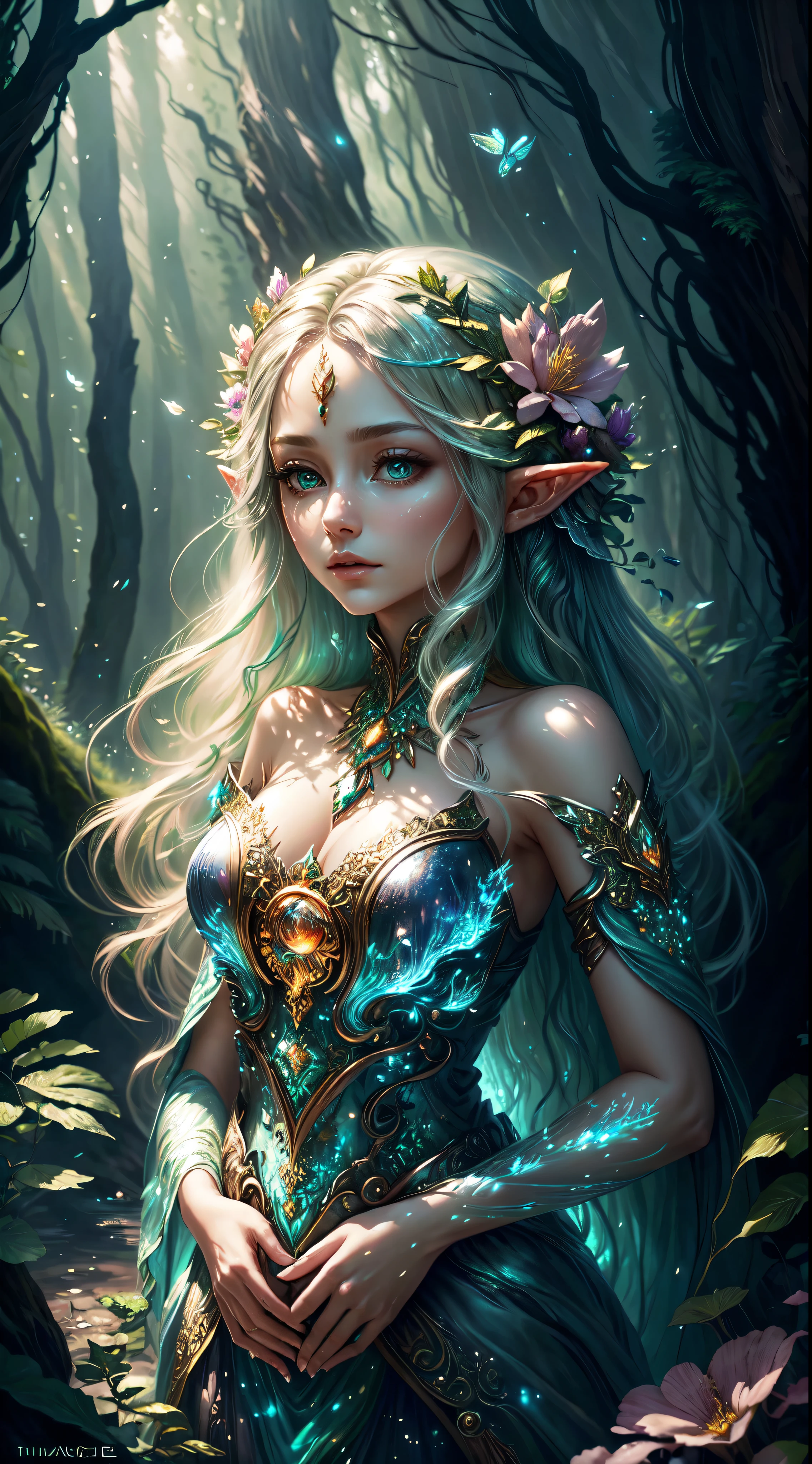 (highres,best quality),detailed elf woman,detailed face,detailed eyes,looking up to the sky,half-naked,vibrant colors,landscape background,forest elements,waterfall,ethereal atmosphere,soft sunlight,serene expression,flowing hair,fantasy setting,magical ambiance,glowing flowers,delicate features,enchanted forest,rays of light,pastel hues,mystical creatures,majestic trees,sparkling water,dappled shadows,ethereal beauty,fierce yet elegant,graceful posture,strong connection with nature,mysterious eyes,wisdom and enchantment,harmonious blend of fantasy and reality,mythical realm,magic in the air,serenity and tranquility,immersive experience,whimsical and captivating,unforgettable visual journey,masterpiece artwork