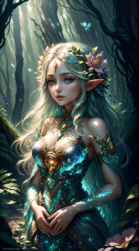 (highres,best quality),detailed elf woman,detailed face,detailed eyes,looking up to the sky,half-naked,vibrant colors,landscape ...