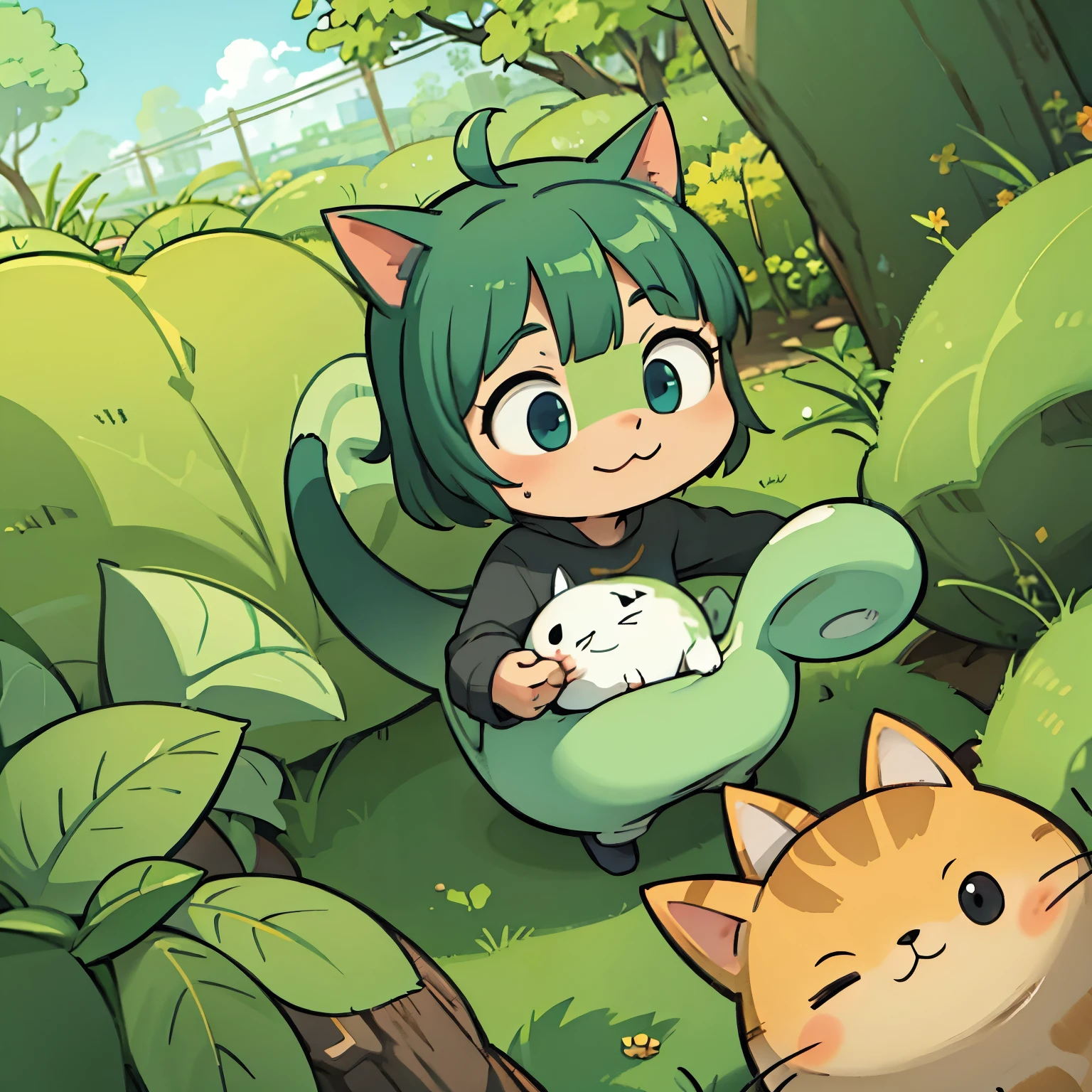 Cat illustration with green elements, fofos e com vegetais