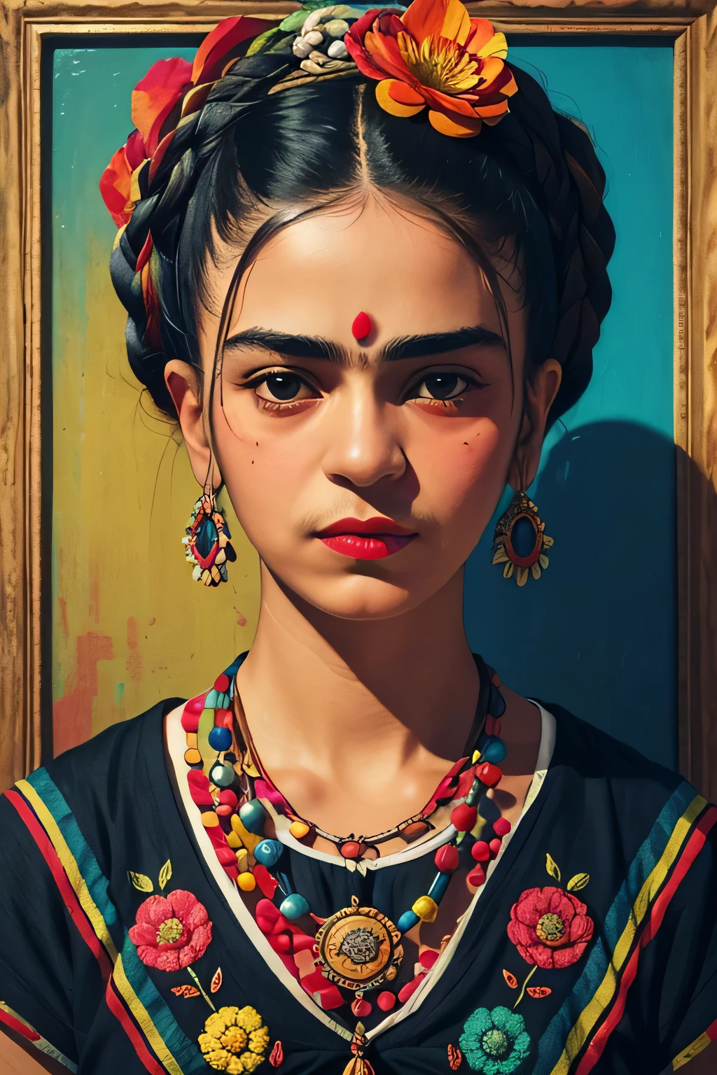 "Craft a vivid and emotionally resonant image inspired by Frida Kahlo's life and artistry. Consider incorporating elements colors, symbolic imagery, and a sense of introspection or defiance to evoke the spirit of this iconic artist."