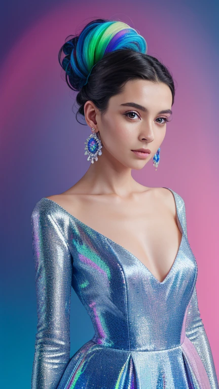 Une femme élégante vêtue d'une robe de soirée étincelante, with sparkling earrings and a sophisticated hairstyle., ultra detail, 4k, cinematic, photopainting, 90s, furrowed, vibrant holographic gradient, argon flash, cibachrome, landscape photography, front view, femme fatale, pastel makeup, Professional Photography, Award Winning Photoshoot, Hyper-Realistic, Canon 1DX Mark III, 35mm, f/8