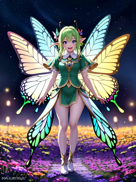Elf Girl，butterfly wings，with light glowing，Colorful，8K,A high resolution,tmasterpiece,Beautiful wallpapers,high qulity,high det...