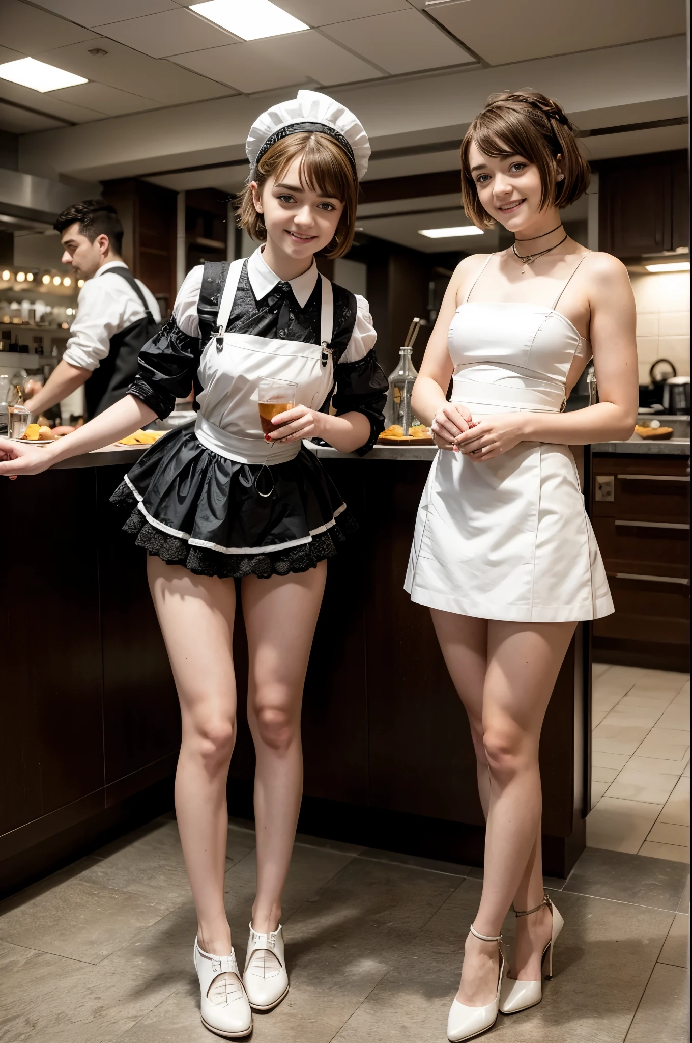 Two women in maid costumes standing in a kitchen with a glass of wine -  SeaArt AI