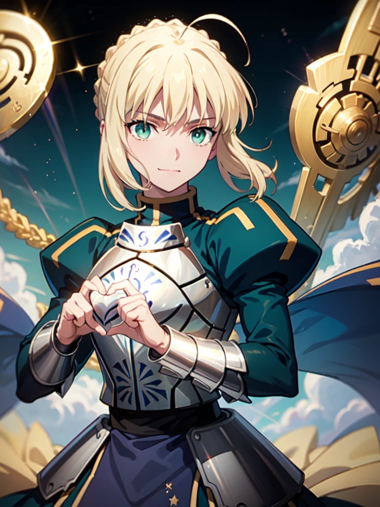 chave visual,Arte oficial,mais alta qualidade, obra de arte,{{{artoria pendragon:1.6}}}, {{{faça um coração com as mãos:1.6}}},1 garota, sozinho, armaduras, manopla, peitoral, tronco,artoria pendragonのマント:1.6,artoria pendragonの髪型:1.6,Um sorriso ligeiramente envergonhado