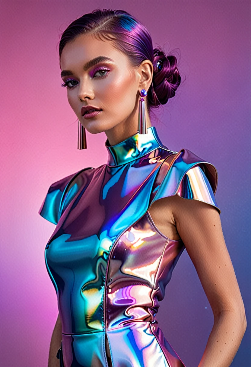 The image shows a woman posing in a futuristic, metallic dress that has a shimmering, iridescent quality. The dress is a blend of pink and blue hues, giving it a vibrant and eye-catching appearance. The woman has her hair styled in an updo, and she is wearing large, statement earrings that complement the dress's color scheme. The background is a gradient of pink and purple, which enhances the overall futuristic and glamorous aesthetic of the image. The woman's pose is elegant and poised, with her hands gently resting on her hips.
