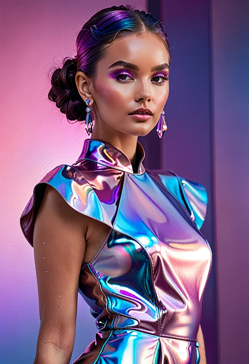 The image shows a woman posing in a futuristic, metallic dress that has a shimmering, iridescent quality. The dress is a blend of pink and blue hues, giving it a vibrant and eye-catching appearance. The woman has her hair styled in an updo, and she is wearing large, statement earrings that complement the dress's color scheme. The background is a gradient of pink and purple, which enhances the overall futuristic and glamorous aesthetic of the image. The woman's pose is elegant and poised, with her hands gently resting on her hips.