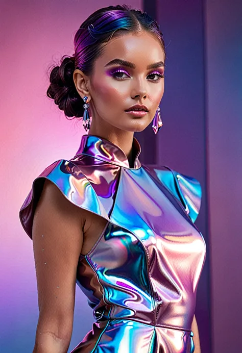 the image shows a woman posing in a futuristic, metallic dress that has a shimmering, iridescent quality. the dress is a blend o...