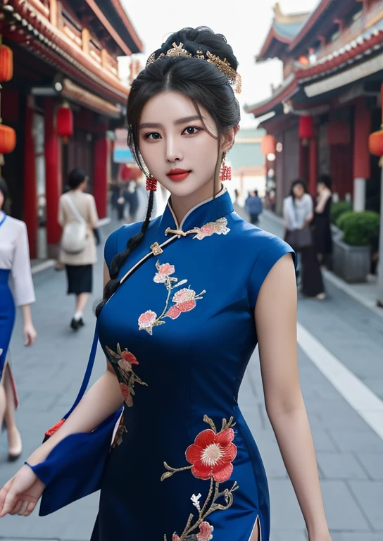 a chinese woman captivates with her rare beauty. With jet-black hair cascading around a face of porcelain perfection, her striking feature is her eyes—blue as the sky at dawn.Her attire, a scarlet qipao adorned with intricate embroidery, blends tradition with modernity. As she moves with graceful confidence through the bustling streets, her azure gaze draws admiring glances, a captivating symbol of cultural fusion and individuality.