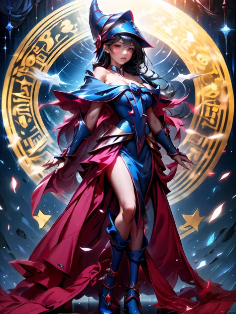 Dark magician gils con vestido de gala color Negro. Ella usa tacones rojos, tiene aretes. Usa collares.  Cabello rubio y largo. ...