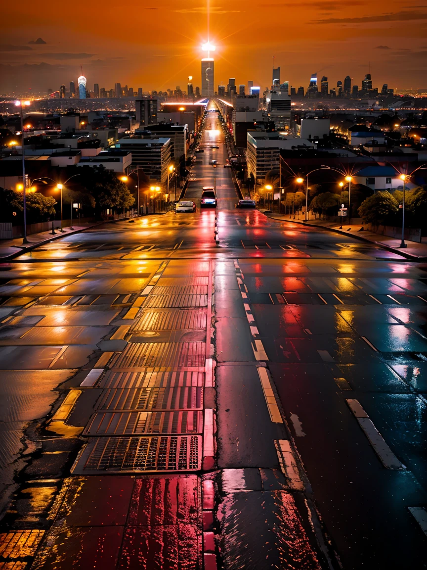 Centre-ville au crépuscule、intersection、klaxon de voiture、((Un feu rouge qui arrête le flux.))、Les piétons attendent avec impatience、Lumières lumineuses de la ville se reflétant sur la chaussée mouillée、Horizon impressionnant en arrière-plan、avion qui vole