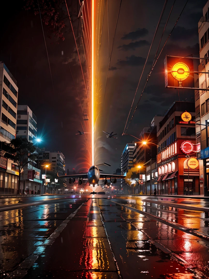 Centro de la ciudad al anochecer、intersección、bocina del auto、((Una luz roja que detiene el flujo.))、Peatones esperando impacientes、Luces brillantes de la ciudad reflejándose en el pavimento mojado、Impresionante horizonte al fondo、avión volando