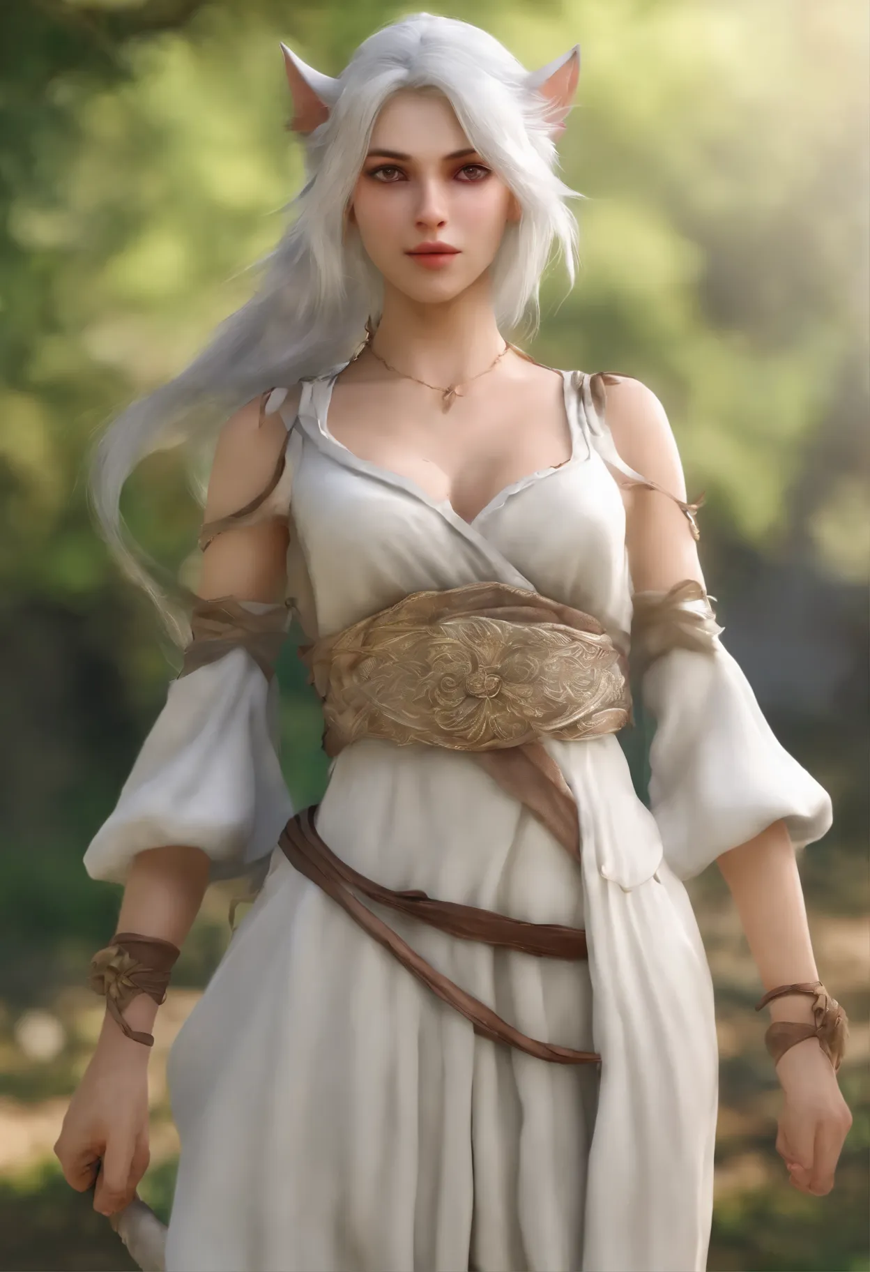 ((Mejor calidad)), ((obra maestra)), (detallado:1.4), 3d, An image of a beautiful white-haired kitsune woman in her 20s dressed in black kunoichi outfit and staff decorated with white filigree and a shiny tassel in high end HDR (High dynamic range),trazado...