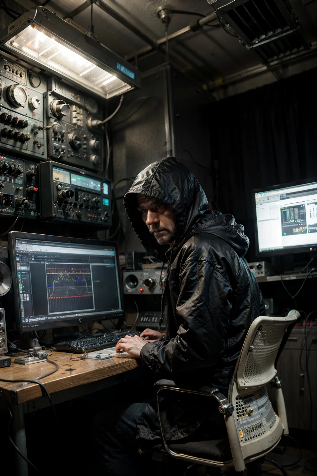 hooded hermit lonely old man dark dystopian sci fi style : black dark style, dark atmosphere, hooded hermit lonely old man beard in dark room filled with technology : generators, modulators, synths, lots of complex machines and wires : high tech desk with futuristic music machines and sound oscilloscopes, lots of buttons, graphs, meters, wires, potentiometers, VU meters. messy room ultra detailled. every surface is filled with buttons, circuits and details