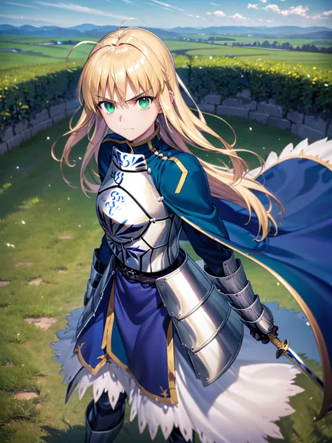 Grand background，1girll，A face，bit girl，Artoria，king arthur，King of Britain，FATE series，Knight King，medieval timeajesty，((Bright...