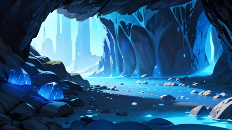a cave, sheets of paper on the walls, glowing blue crystals, stone cave, dark cave