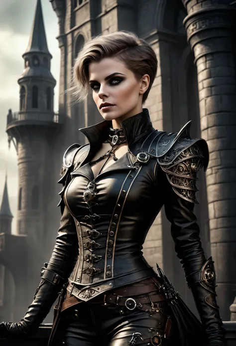 (Realisttic:1.2), ultra detailed, Beautiful woman posing by a tower. warrior. steampunk. Her clothing is both and decorative, em...