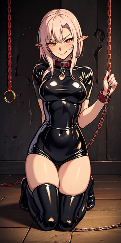 Latex girl lustful smirking smile red blush red cheeks, chain leash, kneeling, shackles, leather black collar slave