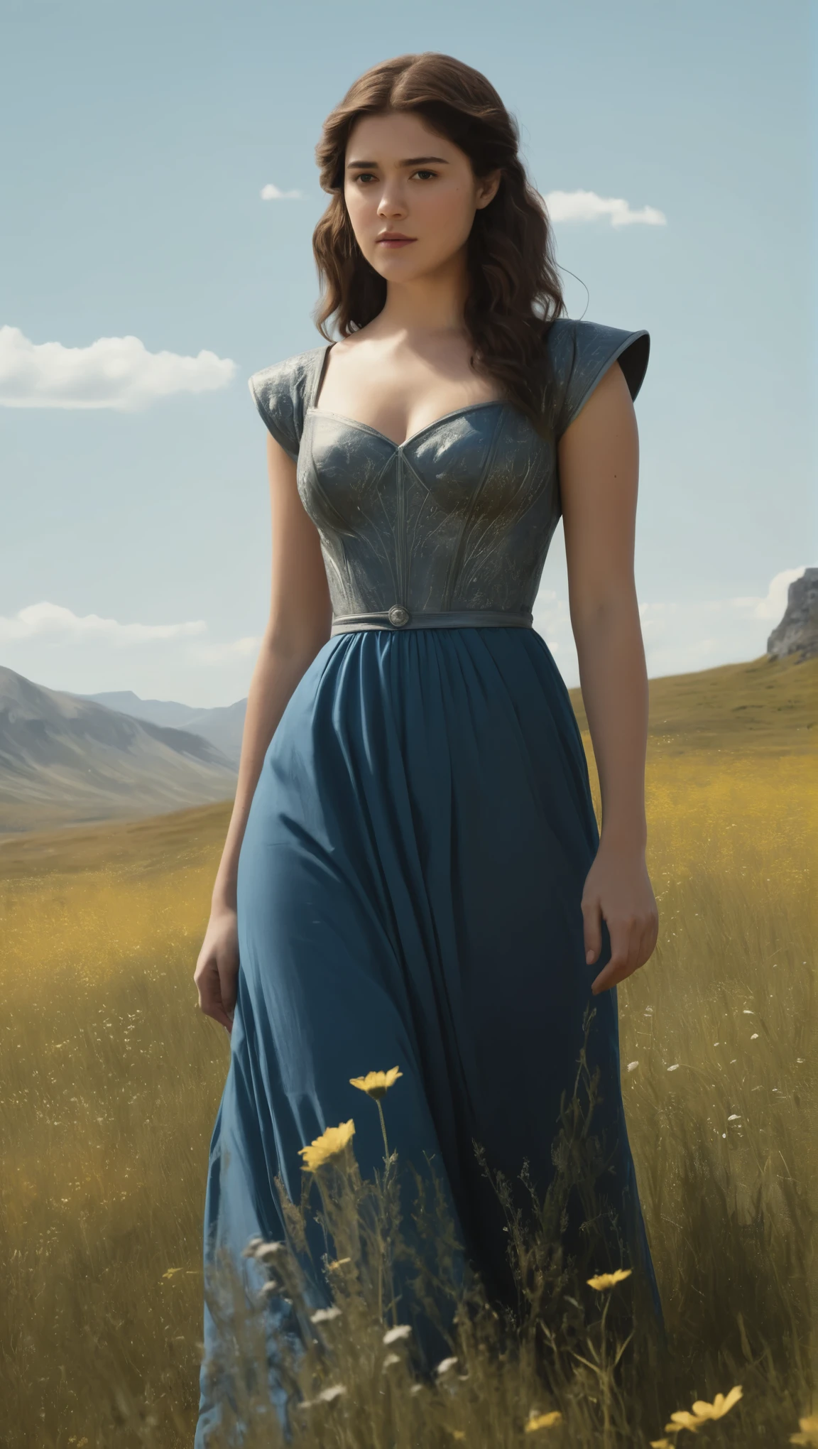 An illustrated movie poster, hand-drawn, full color, a Westerosi teen girl, wearing a long regal dress, resembles Mary Elizabeth Winstead, sun-tanned complexion, tall, athletic, hourglass figure, toned midriff, bottom-heavy, generous hips, massive bubble-butt, ridiculously thick powerful thighs, dark hair, long hair, waist-length hair, posing in a field of wildflowers, hard shadows, graphite shading, stencil marks, airbrushed acrylic paint, masterpiece, in the style of Game of Thrones 