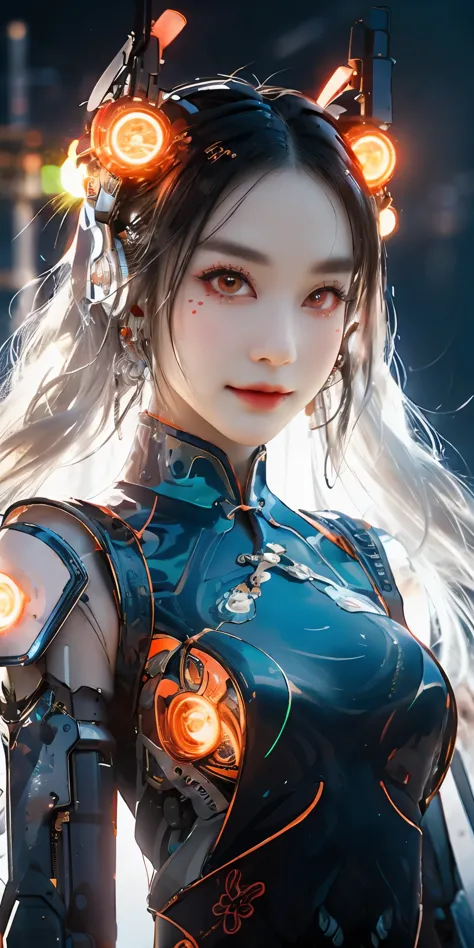 1 girl, Chinese_clothes, liquid silver and orange, cyberhan, cheongsam, cyberpunk city, dynamic pose, detailed luminous headphon...