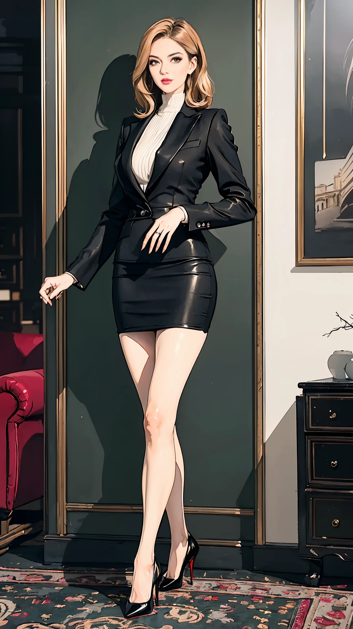 (melhor qualidade,4K,alta resolução,obra de arte:1.2)),((arte conceitual do personagem)),CEO feminina,blazer de veludo vermelho,saia lápis preta curta,olhar confiante,sorriso sedutor,escritório luxuoso,design de interiores moderno,Penteado elegante,unhas bem cuidadas,salto alto,maquiagem imaculada,acessórios caros,dominant posture,luz solar natural,vista do horizonte da cidade,aura poderosa,cores vermelhas vibrantes,arquitetura elegante,foco nítido nos detalhes,ambiente profissional,Empresária bem sucedida,elegância sofisticada,presença dominante,mesa de madeira trabalhada,cadeira de couro,obras de arte impressionantes penduradas na parede,senso de moda impecável,arquivos meticulosamente organizados,estrutura em aço e vidro,reflexo em superfícies brilhantes,detalhes prateados brilhantes,jogo de sombras sutil,movimentos graciosos,Caminhando com confiança,aura de mistério,mulher empoderada,potencial ilimitado,confiança de tirar o fôlego,Sucesso inspirador,conquista mundana,determinação inflexível,estilo de vida luxuoso,Espírito empreendedor,Visão extraordinária.  ((detalhe intrincado)), mãos super detalhadas, dedos ultra-detalhados(((dez dedos))), (de pé com confiança), (vitrine de corpo inteiro), (mostrar corpo inteiro), (sem logotipos no fundo), (no logo), ((Fundo liso)), ((Fundo liso)), (((Fundo vazio))).