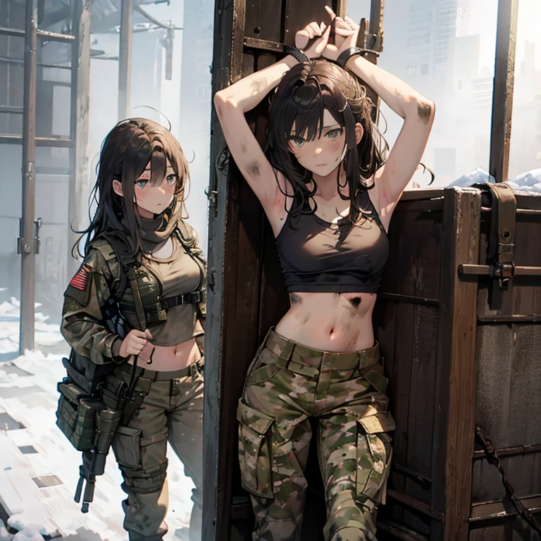 A group of  female soldiers, (in snow storm), various hair styles, tank top, harem, beautiful leg, midriff, camouflage military trousers, showings off armpits, seducing, bdsm, dirty