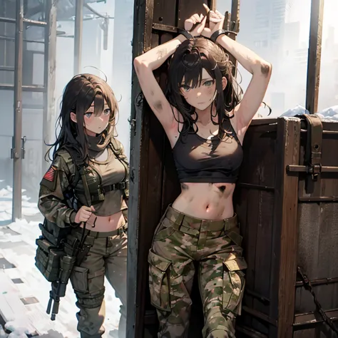 A group of  female soldiers, (in snow storm), various hair styles, tank top, harem, beautiful leg, midriff, camouflage military ...