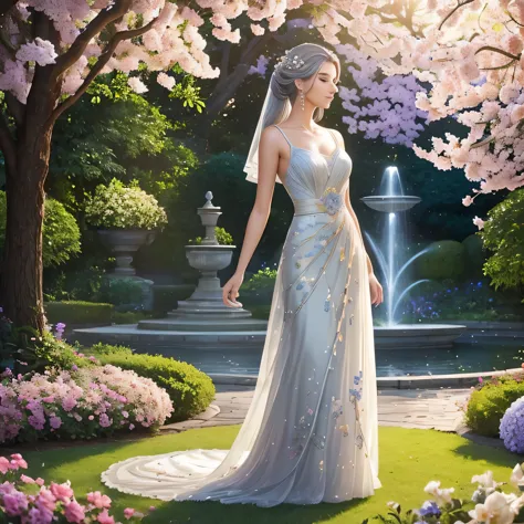 (gray hair),dressed in an elegant floral dress, standing gracefully in a vibrant garden. Her piercing blue eyes sparkle with wis...