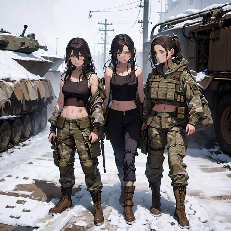 A group of  female soldiers, (in snow storm), various hair styles, tank top, harem, beautiful leg, midriff, camouflage military trousers, showings off armpits, seducing, bdsm, dirty