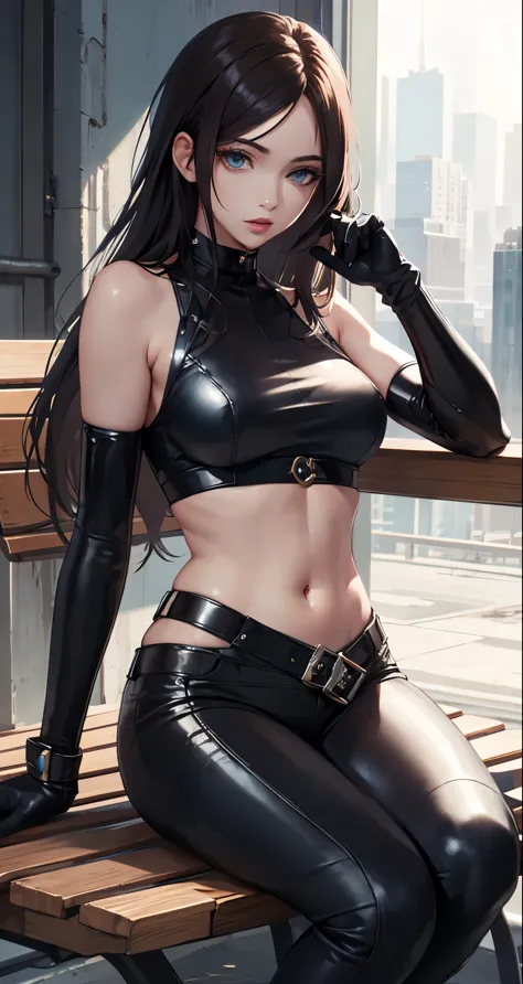 masterpiece, city detailed scenario, city detailed background, solo, laura_kinney, black leather top cropped, sleeveless, blacks...