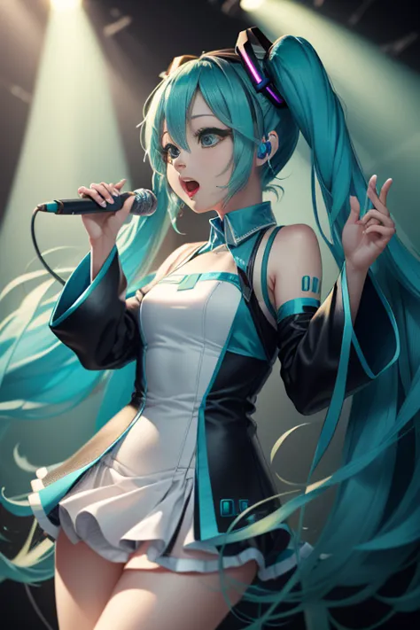 hatsune miku singing with a microphone in her hand, white outfit with blue and black, proportional figure, long cyan twintails, ...