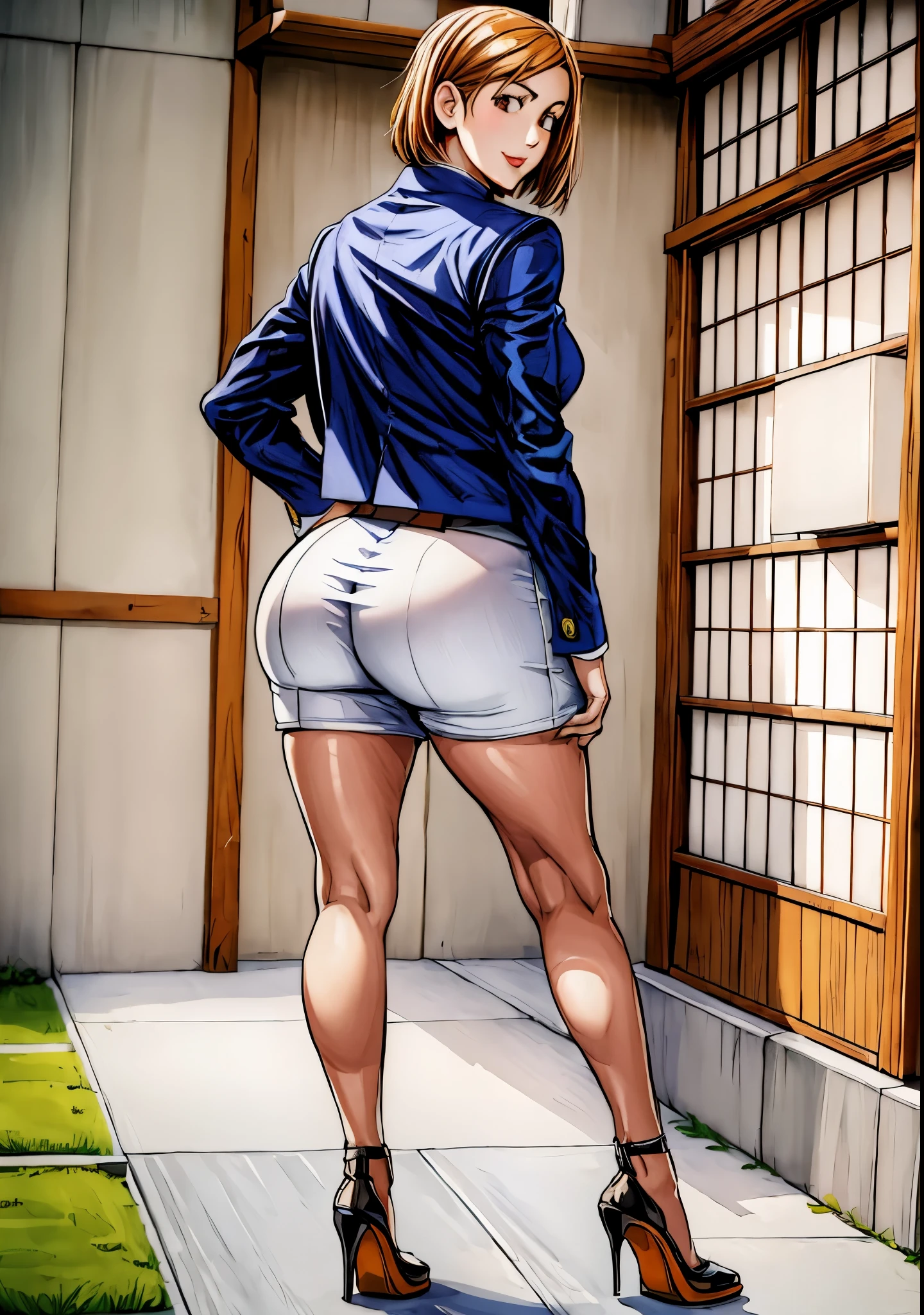 A close up of a woman in a short skirt and jacket - SeaArt AI