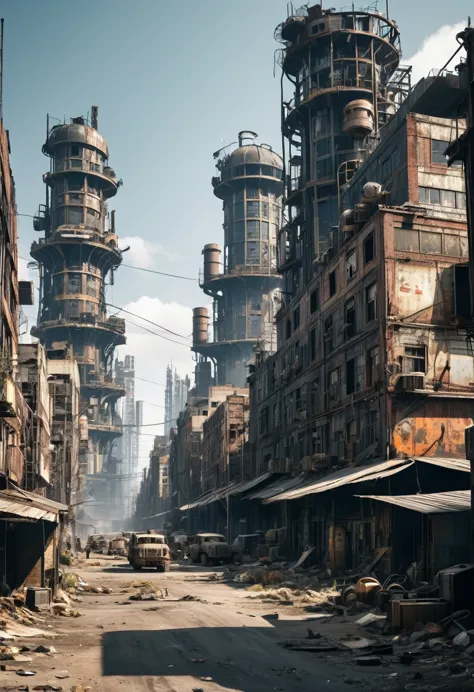 Junkworld, Post-apocalyptic world, post apocalyptic city with massive buildings, ciudad industrial, mega junk building, post apo...