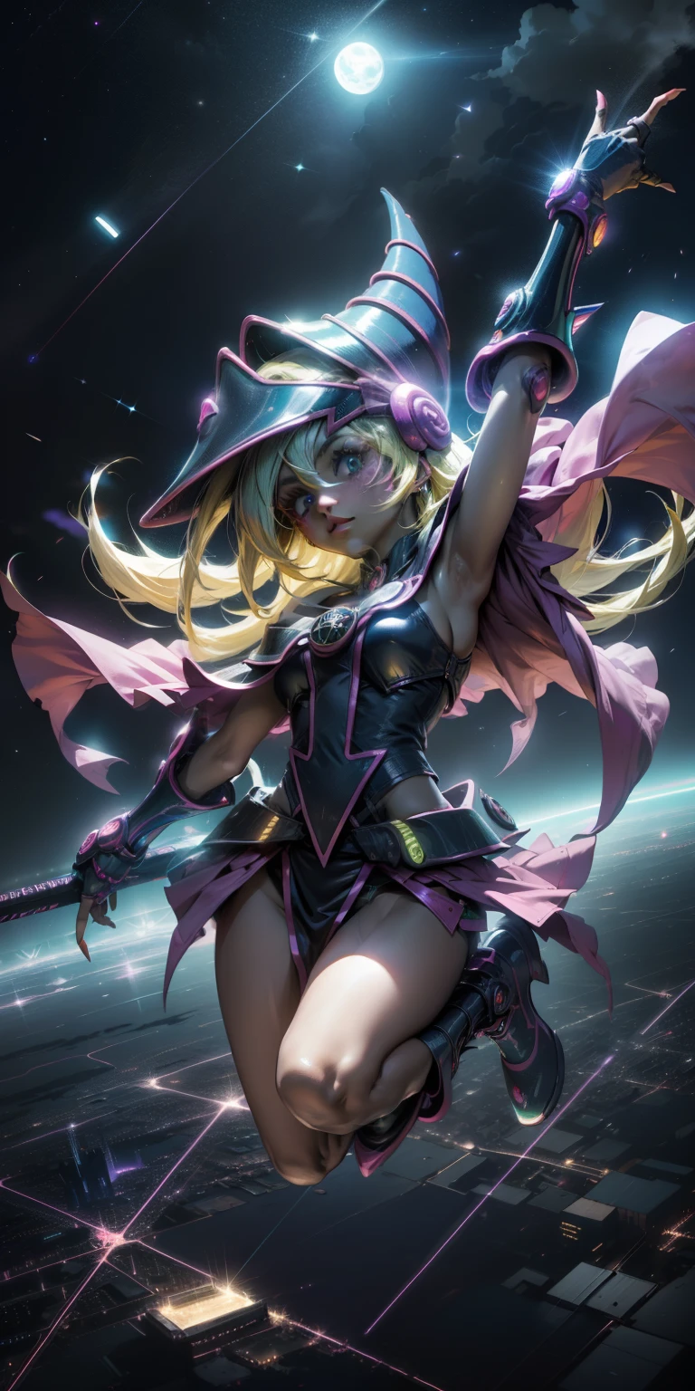 Beautiful woman dark magician girl ( neon cyberpunk ), The neon sings, neon lighting, RTX dark magician girl lighting up flying in the air. Above the city at midnight. full moon. skies of stars. Dark wizard flying