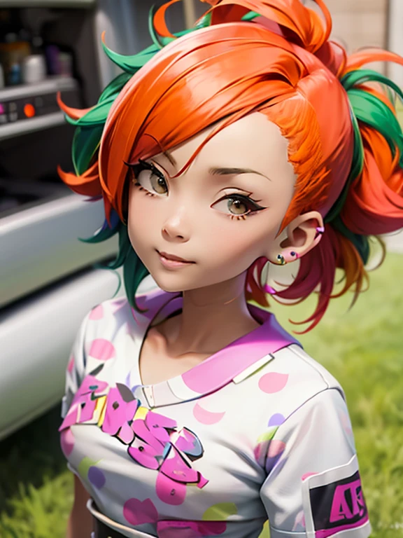 (Chiaki), Mohawk mowing, Side Cropped Hair, green hair, Orange side hair, 1 girl, earrings, white face, undercut, London Punk Fashion, purple clothes, small breasts,