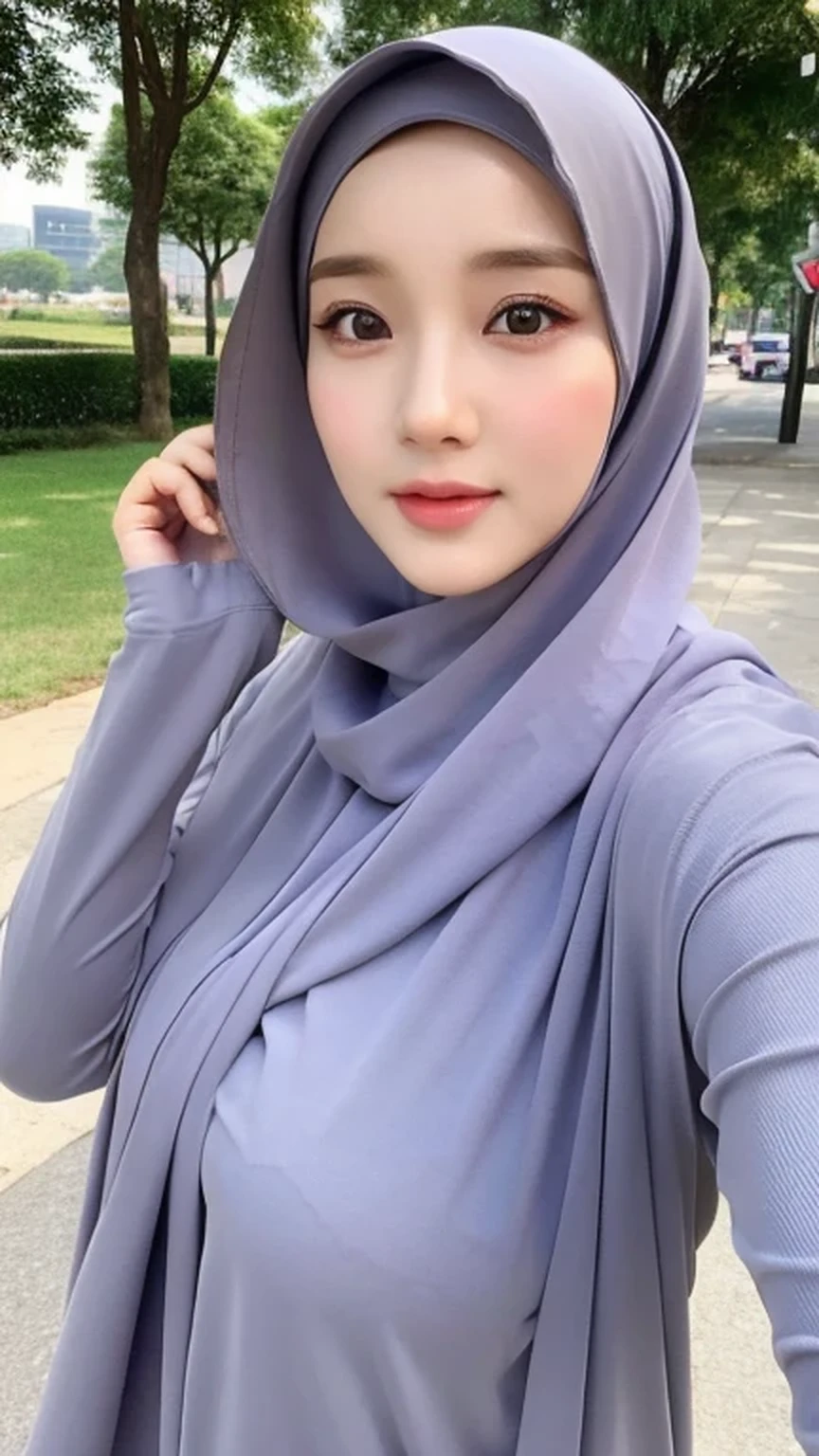 （lifelike， High resolution：1.3）， 1 Girl with perfect body， very detailed face and eyes，hijab, indonesian：1.2, whole body, beautiful, city roads, cute face