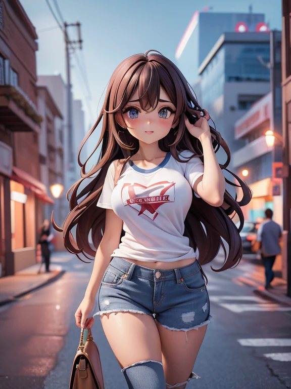  chubby, long  hair, blue colored eyes, very big breasts and ass, thick-thighs, wearing a t-shirt and very short embroidered denim shorts, (tight clothing) (brunette skin) (natural sensuality) with mischievous look, walking alone on the street at night, front view, qualidade hd,