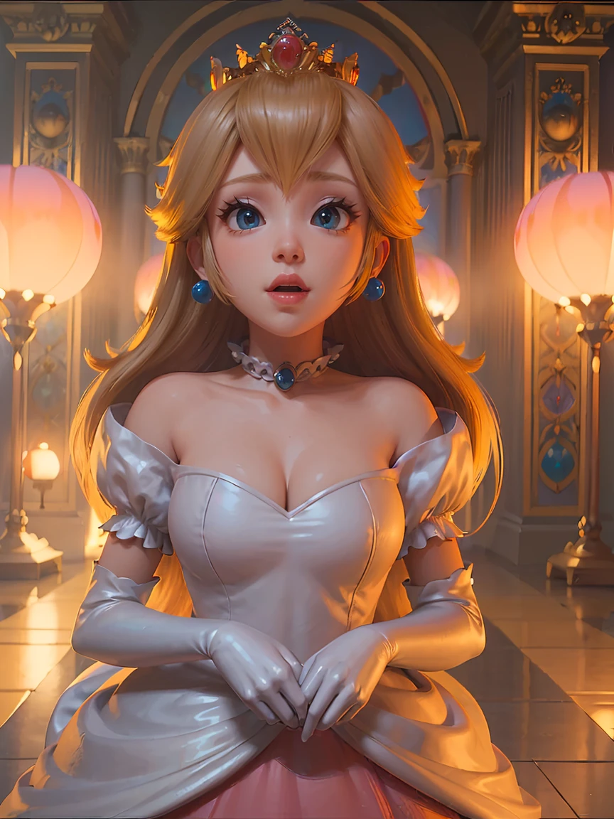 Princess Peach \(Mario Bros\), (Ela tem grandes Ojos azuis brilhantes), (skin fair), (realisic skin), (Glossy and pink lips), (((long straight blond hair))), (Dark shadows compose), ((Very Huge Tits, Pink )), (thick-thighs), (Perfect Slim body), (tails), ((Posing sexy in peach princess castle)), (master part, High definition, Volumetric lights and dynamic shadowaster part)), (8k), (face perfect), (ultra details) (perfect hands, Ojo, and face), ((sorriso sexy)),
