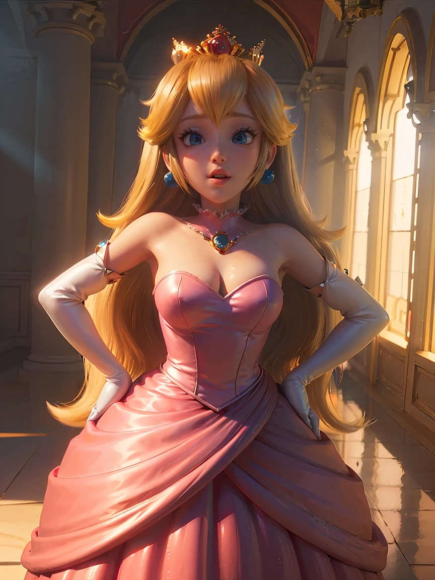 Princess Peach \(Mario Bros\), (Ela tem grandes Ojos azuis brilhantes), (skin fair), (realisic skin), (Glossy and pink lips), (((long straight blond hair))), (Dark shadows compose), ((Very Huge Tits, Pink )), (thick-thighs), (Perfect Slim body), (tails), ((Posing sexy in peach princess castle)), (master part, High definition, Volumetric lights and dynamic shadowaster part)), (8k), (face perfect), (ultra details) (perfect hands, Ojo, and face), ((sorriso sexy)),