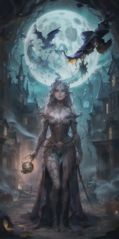 witch with a pumpkin and a skull in front of a full moon, the wizard, artgerm and brian froud, style of esao andrews, !!!esao an...