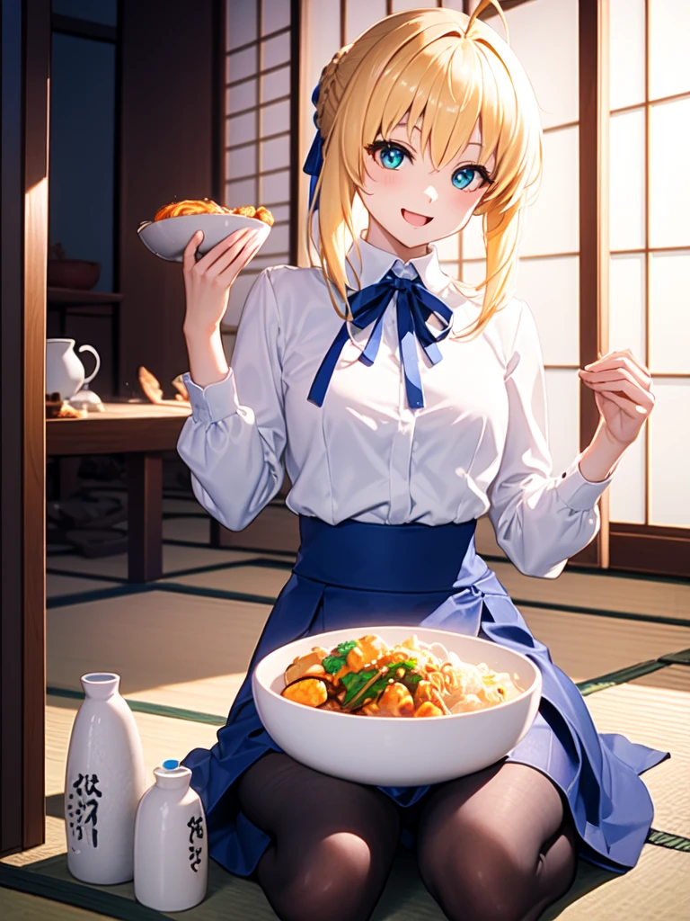 chave visual,Arte oficial,mais alta qualidade, obra de arte,tiro de vaqueiro,parte superior do corpo para cima:1.6,{{{{{{Artoria Pendragon à paisana:1.6}}}}}}, Seiza no tatame em uma sala de estilo japonês:1.6,obra de arte, mais alta qualidade, Alta resolução,camisa branca:1.6, saia justa azul:1.6, meia-calça preta,Há muita comida japonesa na mesa na frente dela.、Uma mesa baixa redonda japonesa pode ser vista em primeiro plano da imagem.:1.6, Sorriso feliz, Abra um pouco a boca,Menu de hoje para a casa da Família Emiya,Ele parece muito feliz enquanto segura uma tigela de comida com as duas mãos.、fita azul na cabeça:1.6
