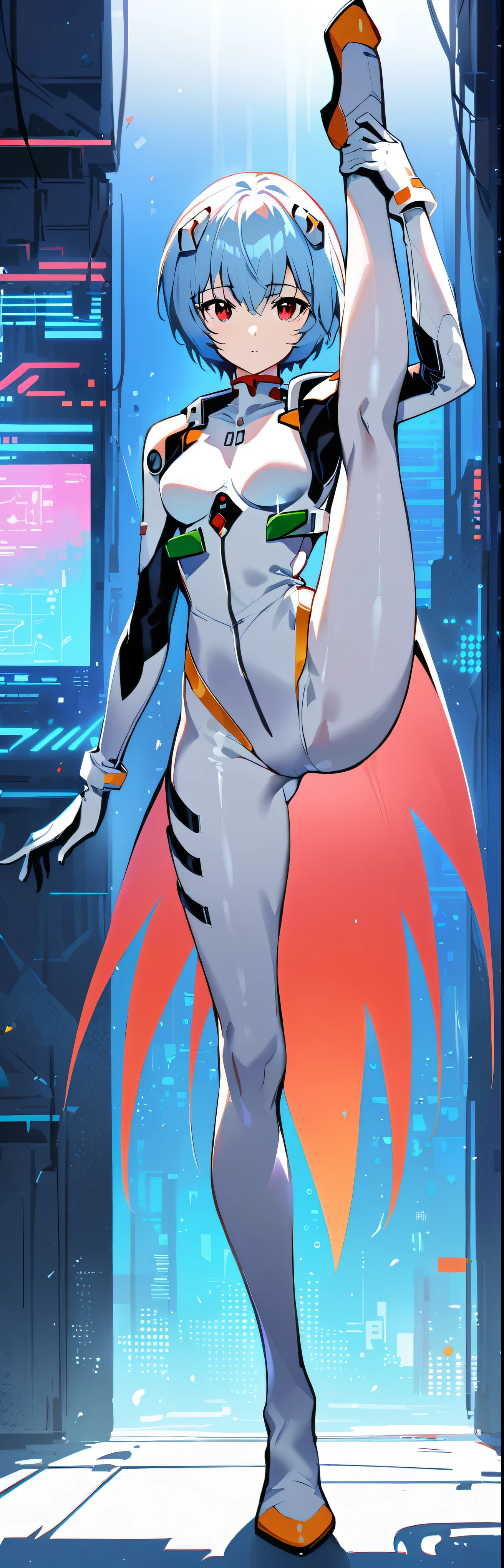 (highest quality:1.2),1 girl,alone,Are standing_Split,AYANAMI REI,white bodysuit,red eyes,pilot suit,short hair,blue hair,bangs,interface headset,turtleneck,hair between eyes,pixelated background,neon light,SF color scheme,Bright colors,metallic texture,detailed shading,Holographic interface,dark atmosphere,high contrast,sharp focus,twig of hair,Reflective surface,exquisite details,High resolution,studio lighting,Red accents,Illuminated environment,artificial intelligence assistant