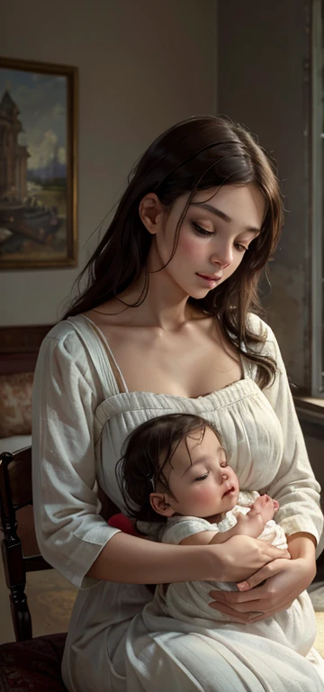 A wetnurse,portrait,medium,soft brushstrokes,natural lighting,vintage color tones,gentle expression,flowing dress,caring look,baby cradled in arms,historical setting,serene atmosphere,emotional connection,high resolution,aged canvas texture,vivid colors,enchanting backdrop,peaceful ambience,subtle details,warmth and tenderness [best quality,4k,highres,masterpiece:1.2],nostalgic feeling,classic composition,maternal love,bonding moments,soft focus,loving gaze