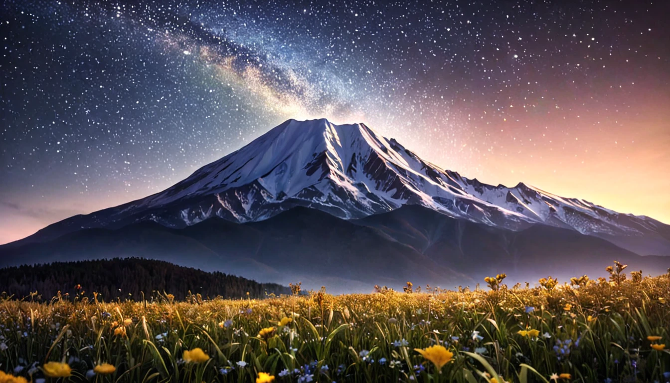 Imprimé de t-shirt de paysage naturel: Dessinez une montagne majestueuse avec un ciel étoilé en arrière-plan.