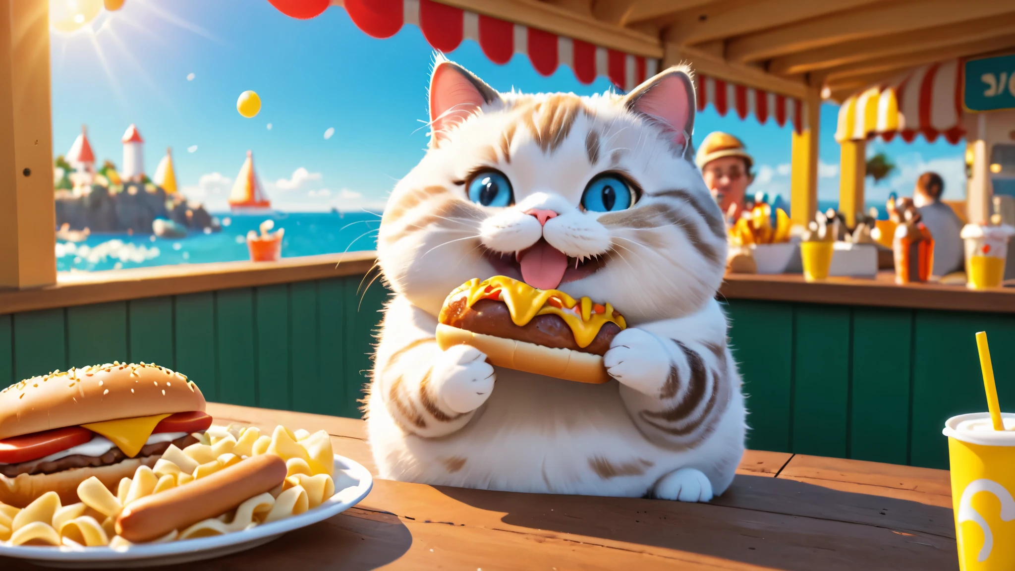 Chubby cat, eat a lot of ice cream, eating lots of burgers, eating lots of pasta, eating lots of hot dog, coast, smile and cute, master piece, high resolution 4k, 3d artwotk