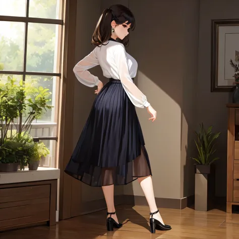 a woman  in long sheer skirt, gr3ysh33r very sensual posing
