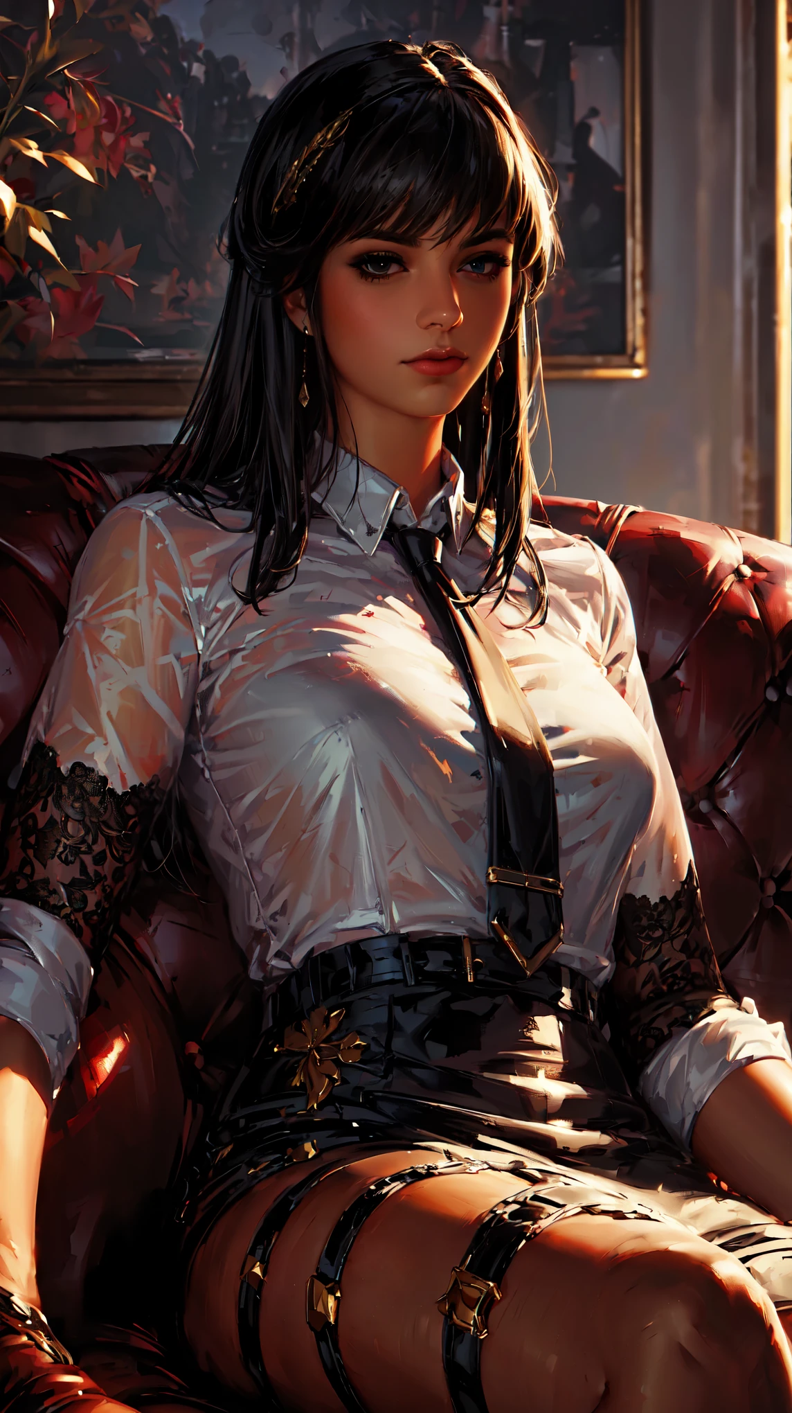 (Portrait détaillé en gros plan!) (Chef-d&#39;œuvre 8K.Haute qualité.art numérique.Style anime beau et esthétique.Des compositions parfaites et une belle perspective.Peinture) femme assise sur un grand canapé 