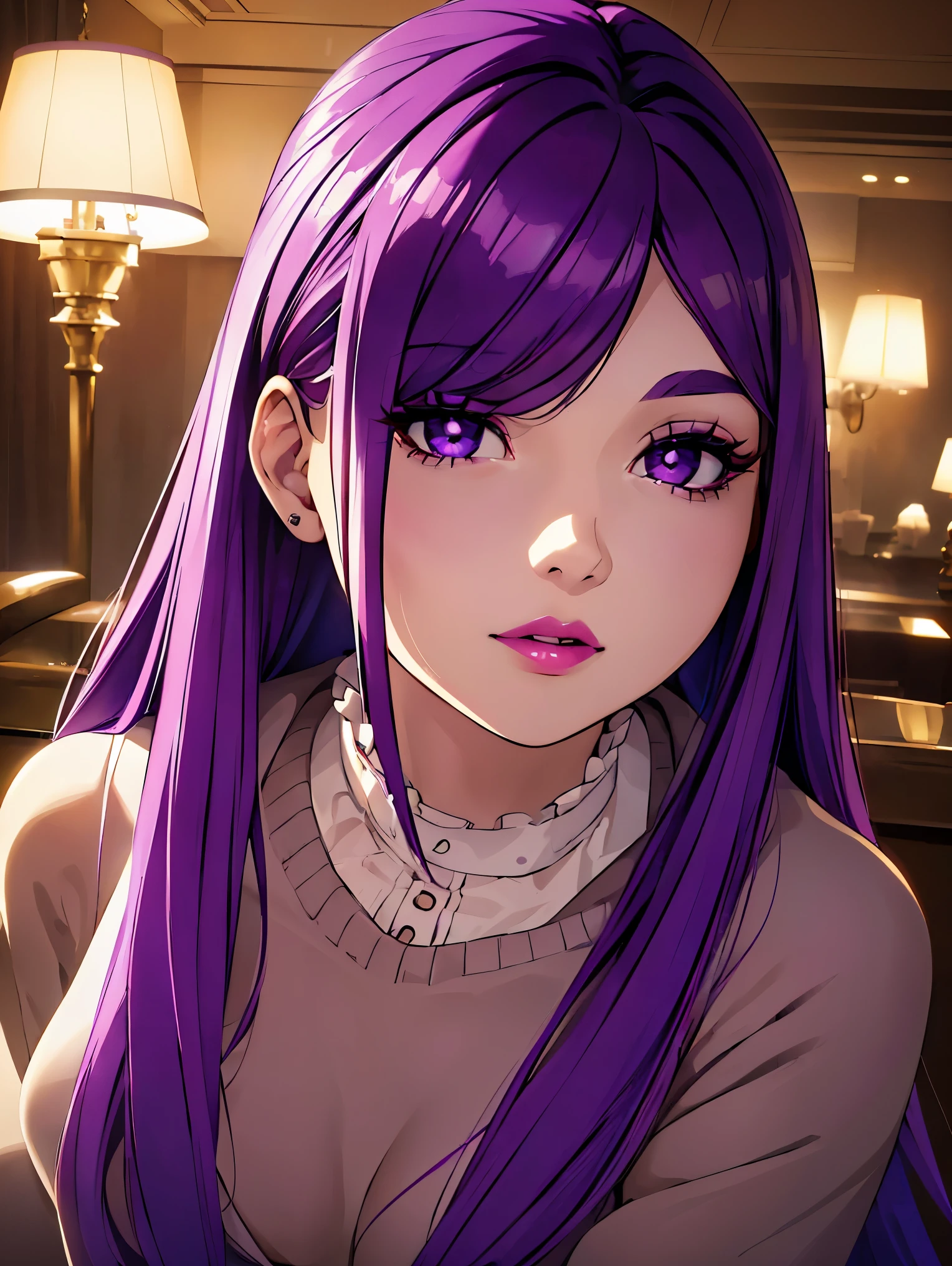 Girl1,(eye shadow,eyelashes,purple hair,Shiny lipstick),(Sweater Dress),(Stand in a luxury hotel),Highly detailed ,8K wallpapers،Highest quality, high resolution, beautiful lighting, realistic shadow, high resolution،(highly detailed, detailed faces and eyes, realistic eyes),(upper body,Looking at the viewer,cowboy shot) 