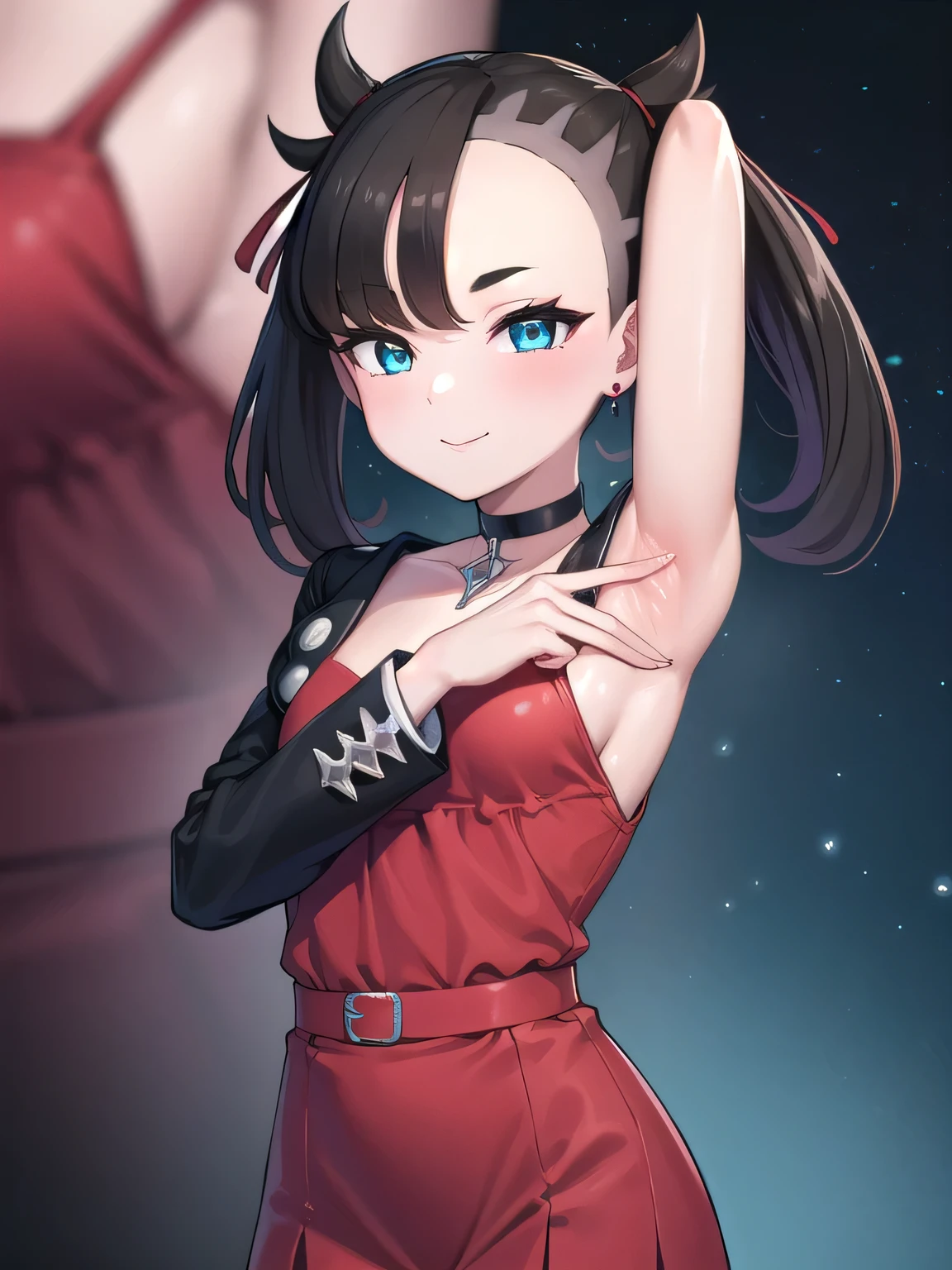 pokemonmarnie, pokemonmarnie, aqua eyes, asymmetrical bangs, asymmetrical hair, black hair, hair ribbon, long hair, red ribbon, ribbon, twintails, (small breasts:1.2),
black choker, black jacket, choker, dress, earrings, jacket, jewelry, long sleeves, open clothes, pink bag, pink dress,
 ako suminoe, ascot, solo, upper body, night sky, forest, arms behind head, contrapposto, spread armpits, smile
BREAK (masterpiece:1.2), best quality, high resolution, unity 8k wallpaper, (illustration:0.8), (beautiful detailed eyes:1.6), extremely detailed face, perfect lighting, extremely detailed CG, (perfect hands, perfect anatomy),