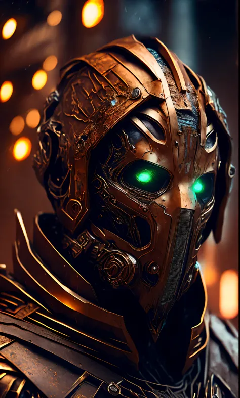 breathtaking cinematic science fiction photo of a portrait of a non human masked grim wrapped in brown chrome metal skin, body f...